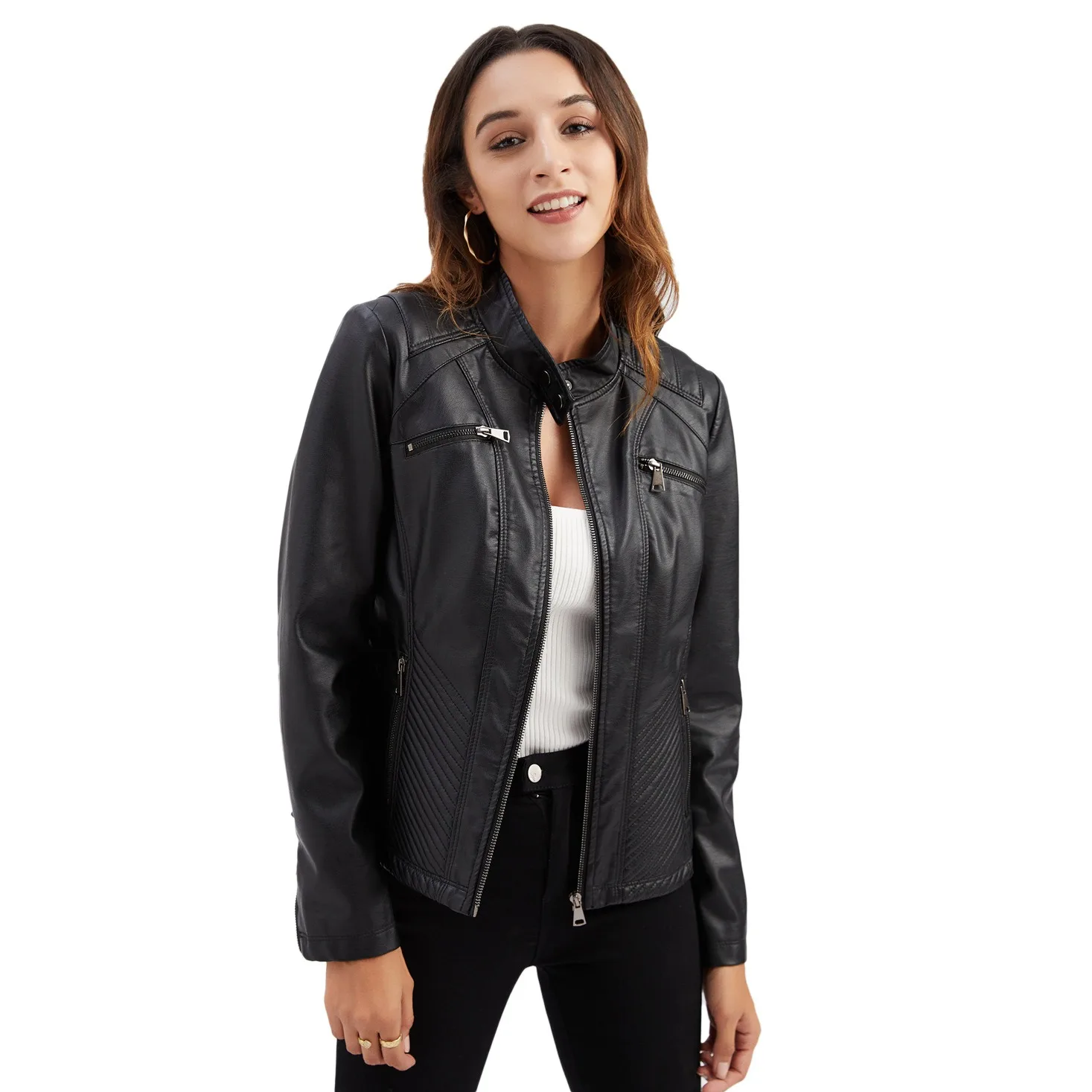 J41011 Latest Popular 2024 Spring Autumn Women Leather Jacket Custom Design Ladies Fashion Designer PU Leather Biker Jacket