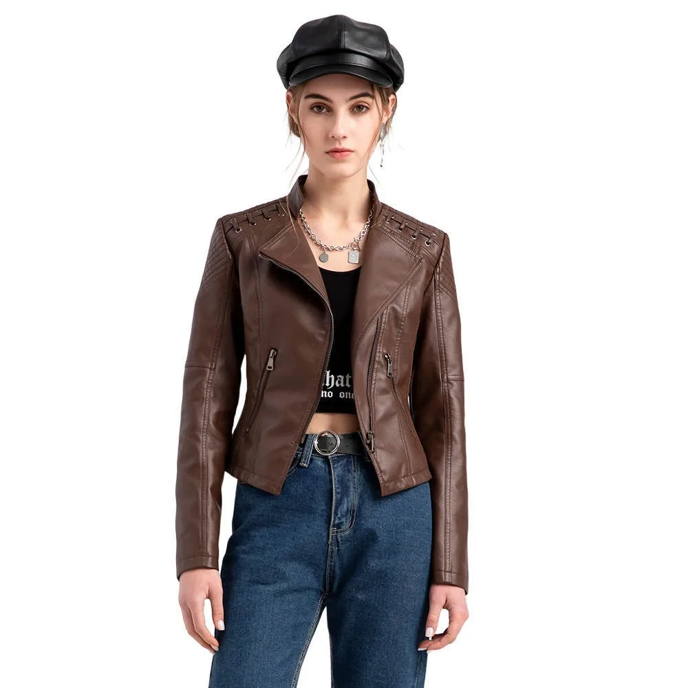 J41001 Women's Moto Leather Jacket Casual PU Leather Long Sleeve Zippered Pockets Biker Coat Faux Leather Jacket Women