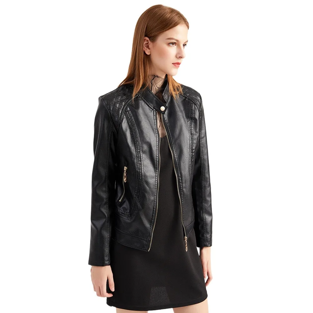 J41007 Women's Leather Jackets Plus Size Moto Biker Jacket Coat PU Leather Short Lightweight Coat